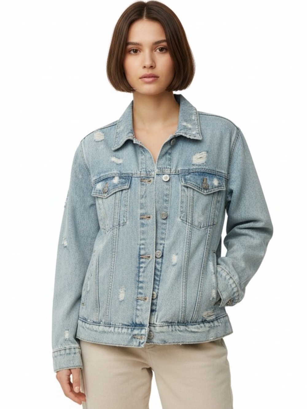 Old Navy Light Wash Distressed Denim Trucker Jacket L Petite